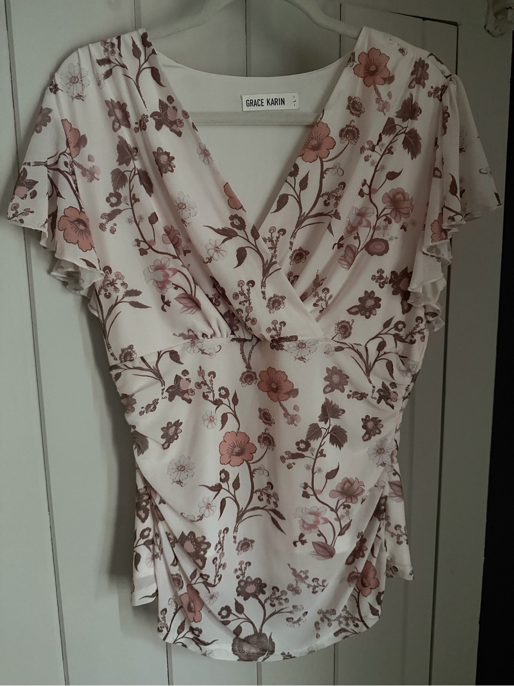 Grace Karin Cream Floral Wrap-Style Blouse with Pink Blooms